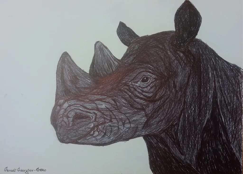 Majestic Black Rhino: A Detailed Sketch Portrait of Nature's Gentle Giant