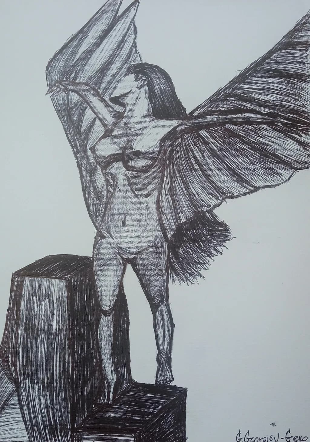 Ethereal Ascent: A Winged Figure in Bold Expressionism