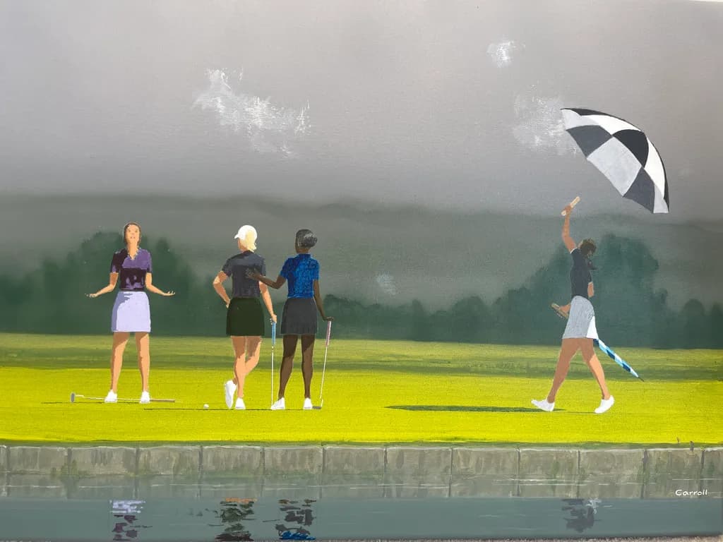 Stormy Greens: A Golfing Competition Under Umbrellas