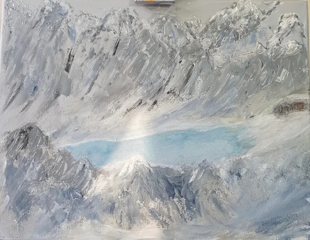 Whispers of Winter: A Serene Mountain Lake Amidst Snow-Capped Peaks