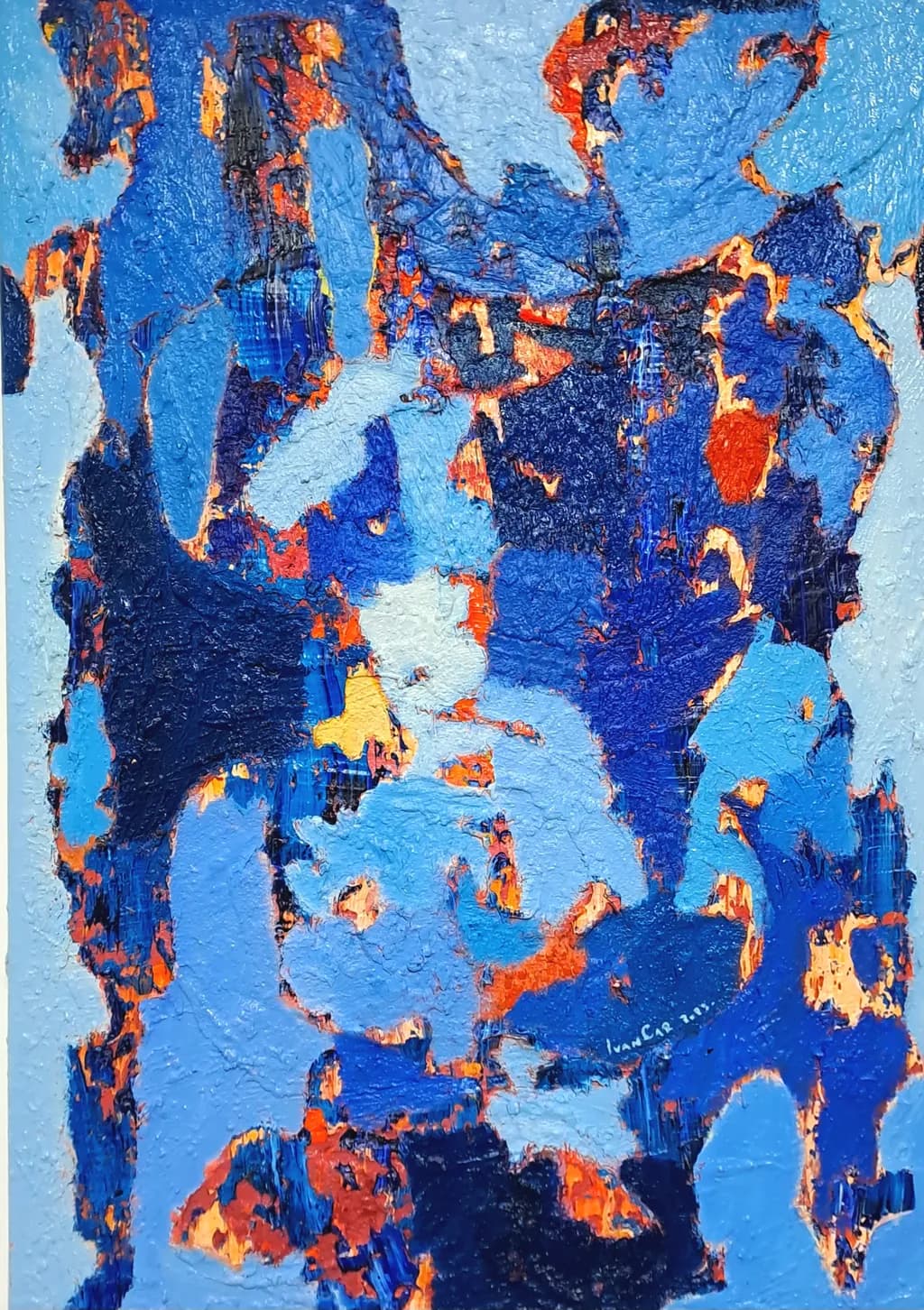 Oceanic Whispers: A Dance of Blue and Flame in Abstract Expressionism