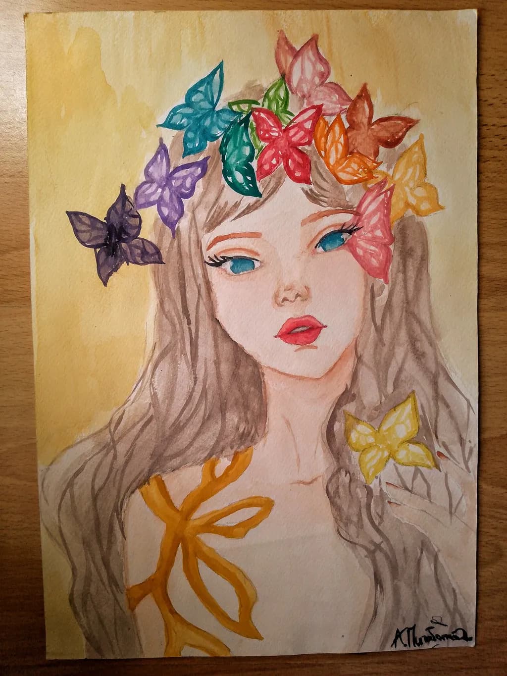 Whispers of Color: A Watercolor Portrait Adorned with Butterflies and Blossoms