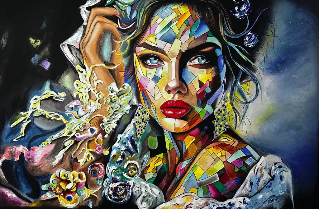 Vibrant Mosaic: A Portrait of Colorful Elegance and Emotion