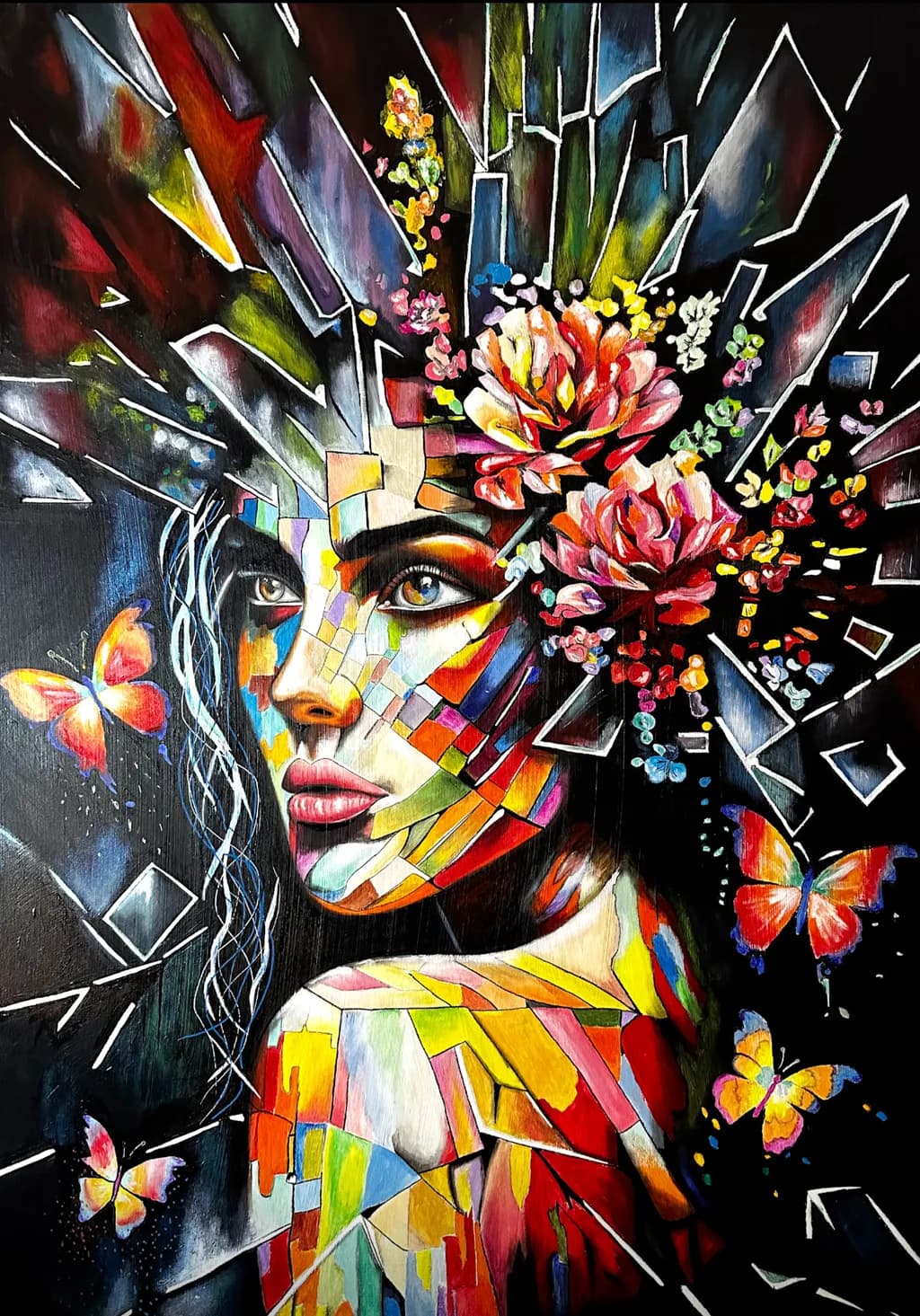 Vibrant Transformation: A Colorful Abstract Portrait of Floral Beauty and Freedom