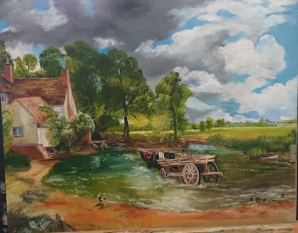 Serenity by the Water: A Tranquil Landscape of Trees, Clouds, and a Rustic House