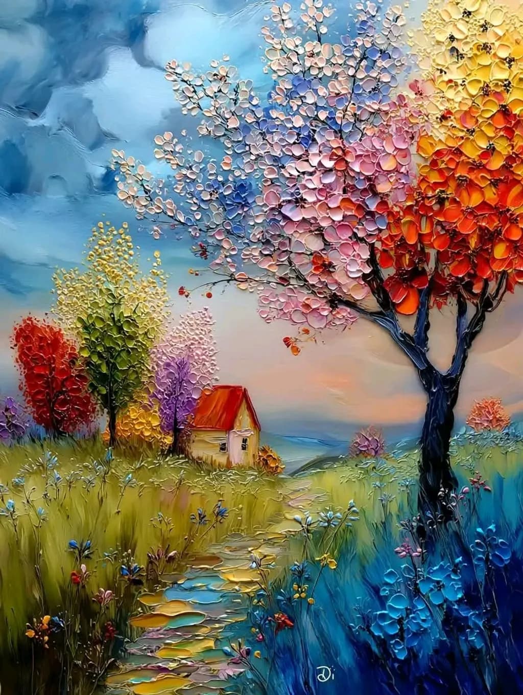 Colorful Trees with Cottage