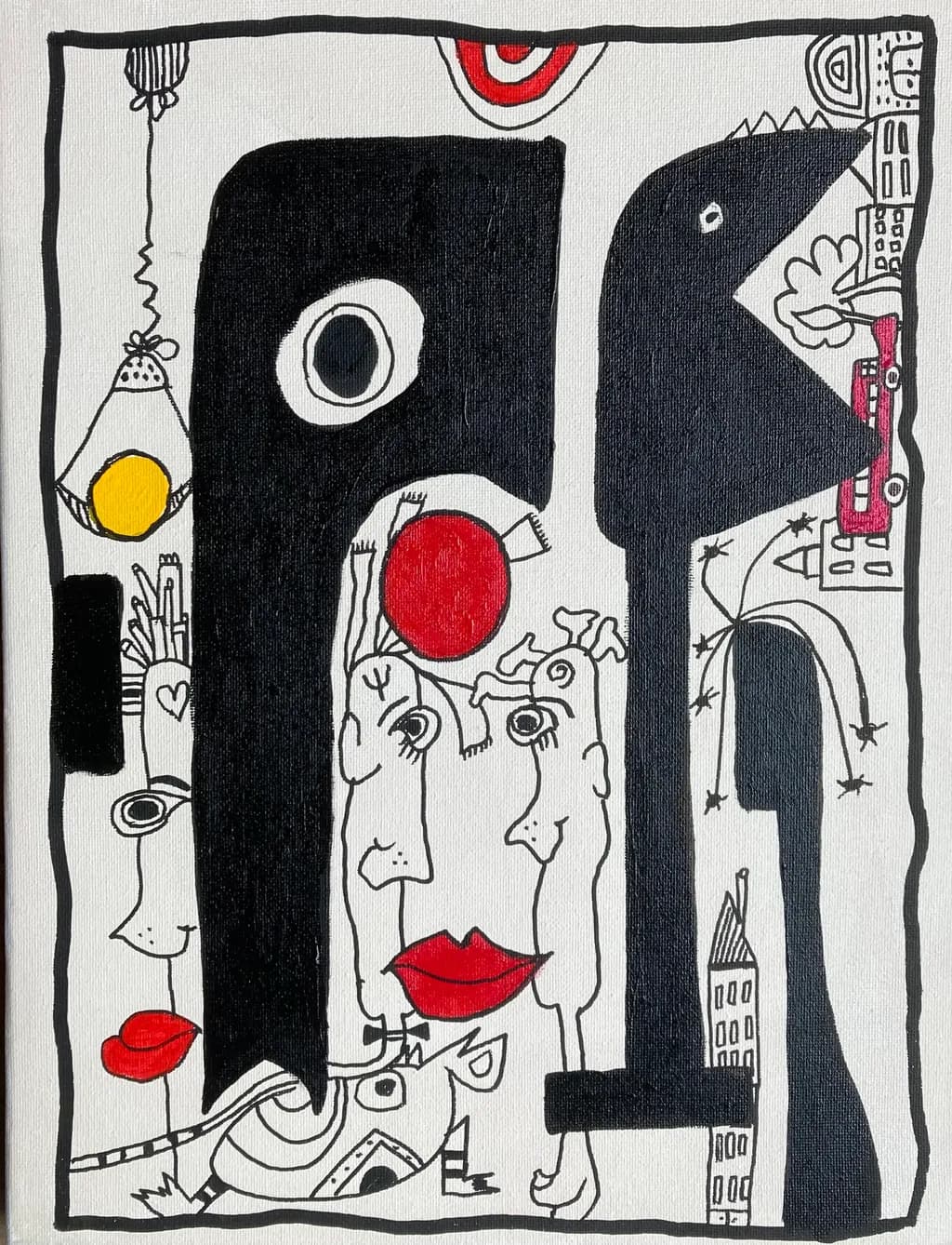 Whimsical Encounters: A Playful Exploration of Faces and Forms in Abstract Art