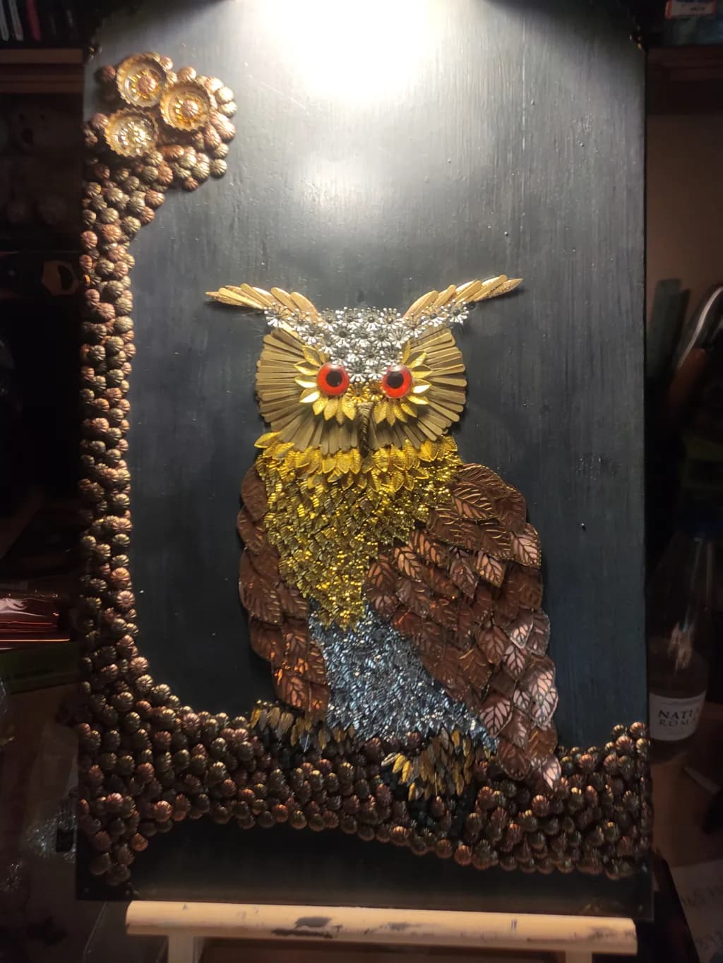 Whimsical Owl: A Nature-Inspired Mosaic of Leaves and Pine Cones