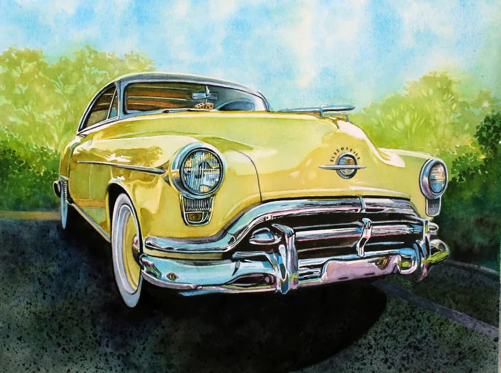 Golden Dreams: A Vintage Oldsmobile in Radiant Watercolor Splendor