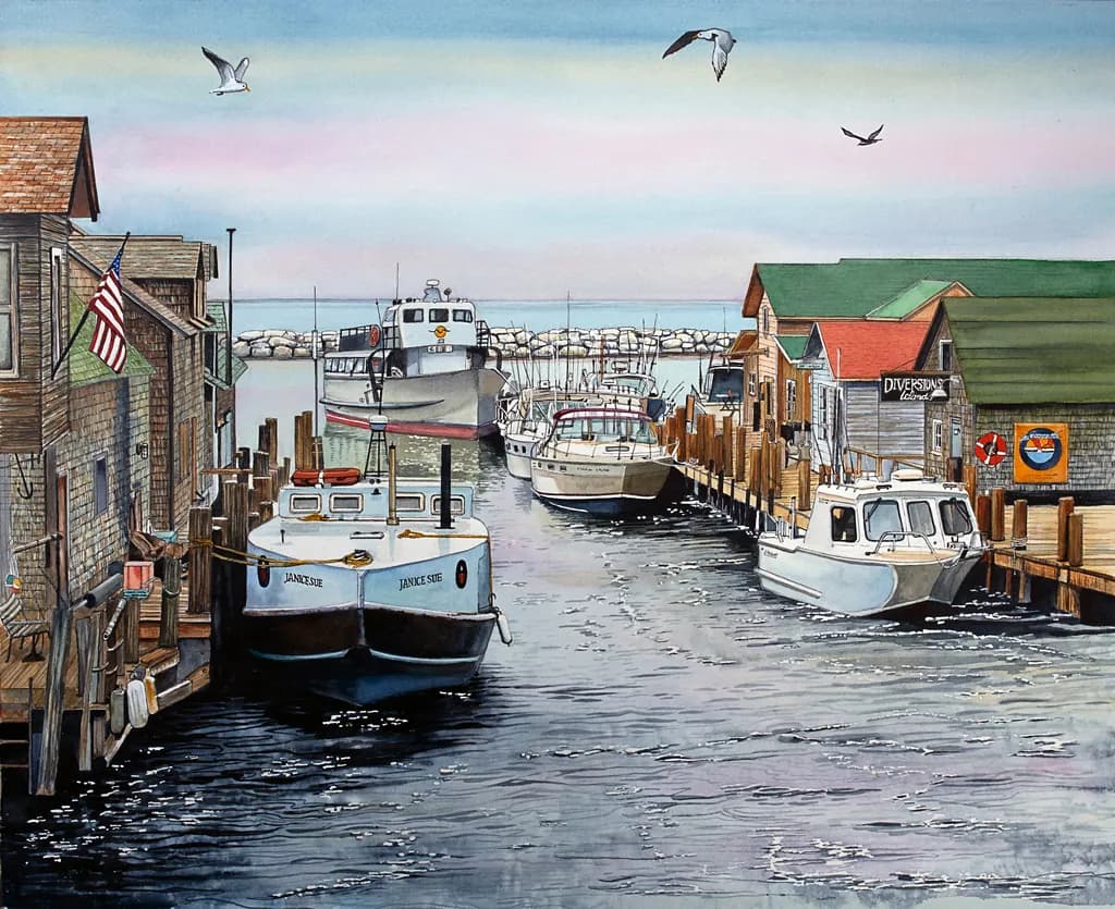 Harbor Serenity: A Tranquil Watercolor Scene of Boats and Coastal Charm
