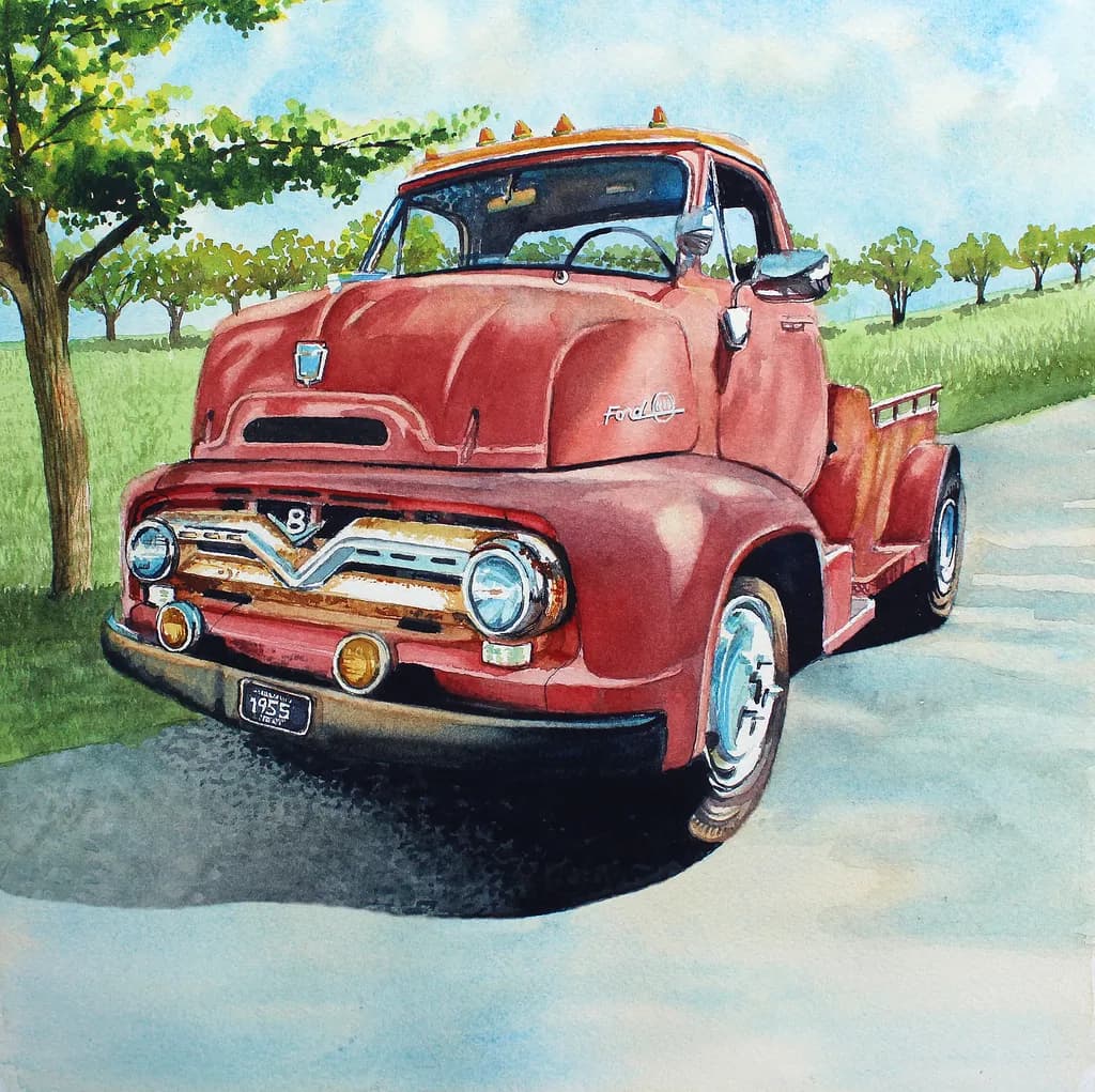 Vintage Ford Truck in Serene Landscape: A Watercolor Tribute to Classic Americana