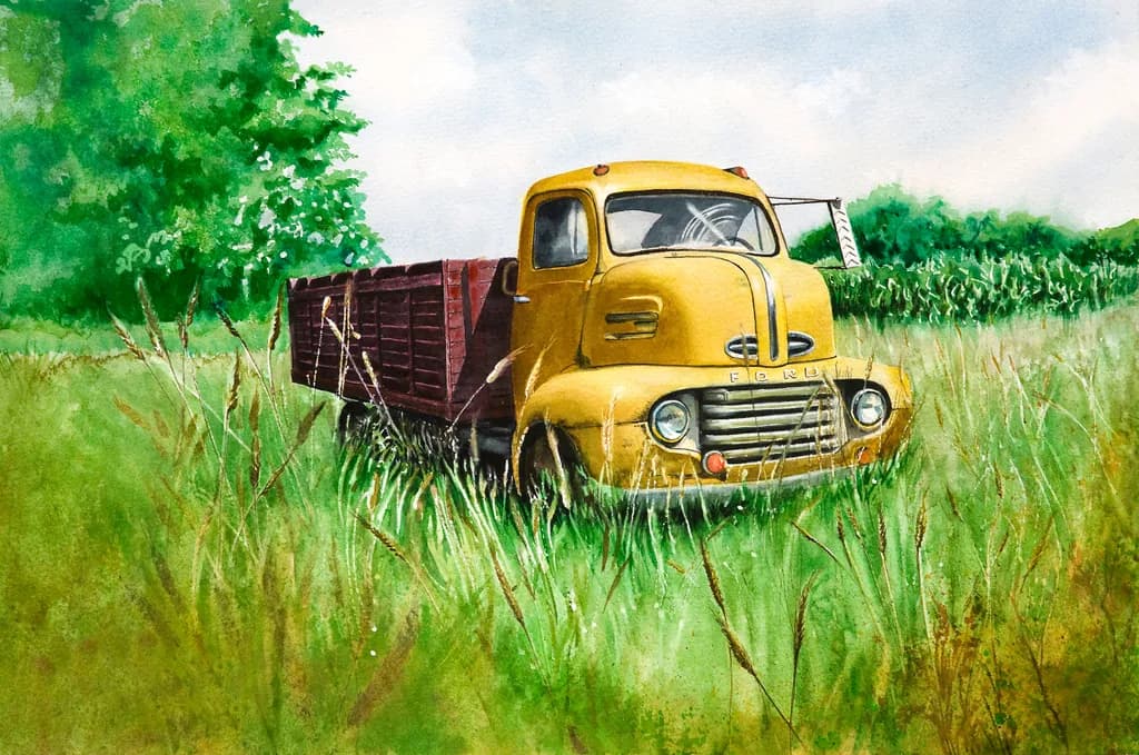 Golden Memories: An Abandoned Ford Truck in a Lush Landscape Watercolor Painting