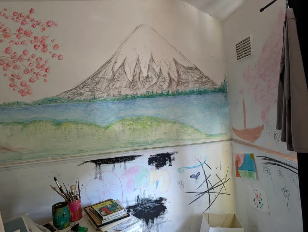 Whispers of Nature: A Child's Dreamscape with Cherry Blossoms and Majestic Mountains