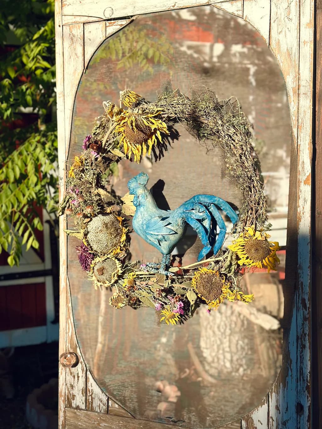 Whimsical Blue Rooster Wreath with Sunflowers and Dried Florals for Rustic Home Decor