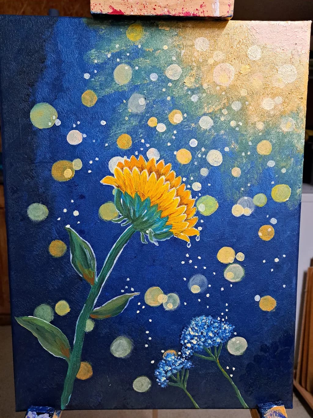 Whispers of Color: A Floral Dance in Blue and Gold