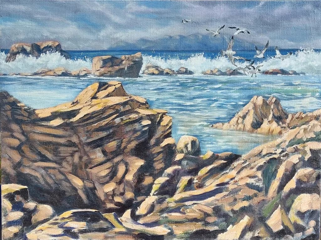 Coastal Serenity: Waves Crashing Against Rocky Shores Under a Dramatic Sky