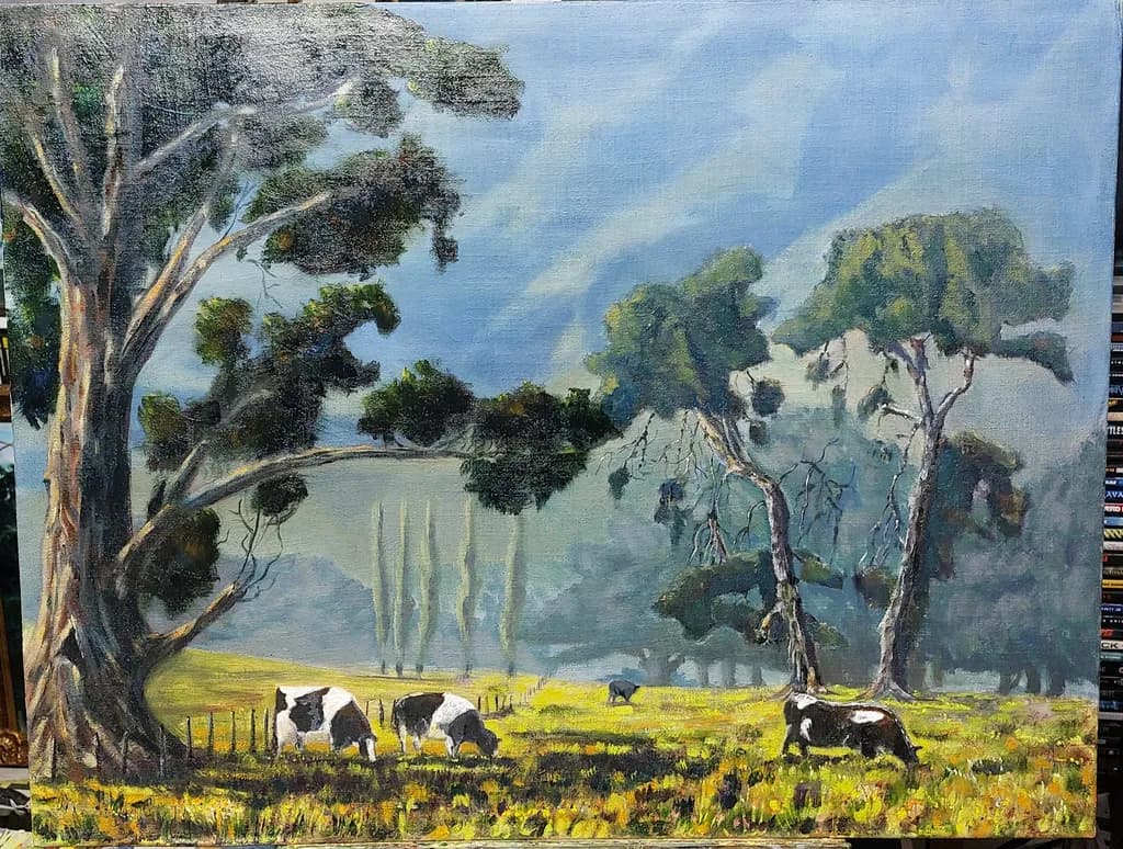 Serene Pastoral Harmony: Cows Grazing Under Majestic Trees in a Tranquil Landscape