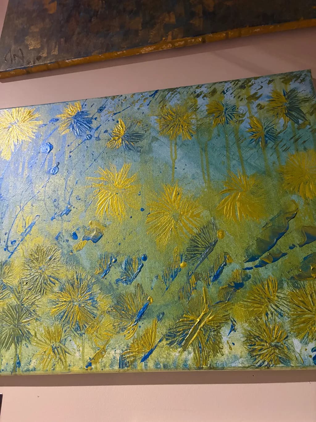 Vibrant Floral Whispers: An Abstract Dance of Color and Texture in Blue and Gold