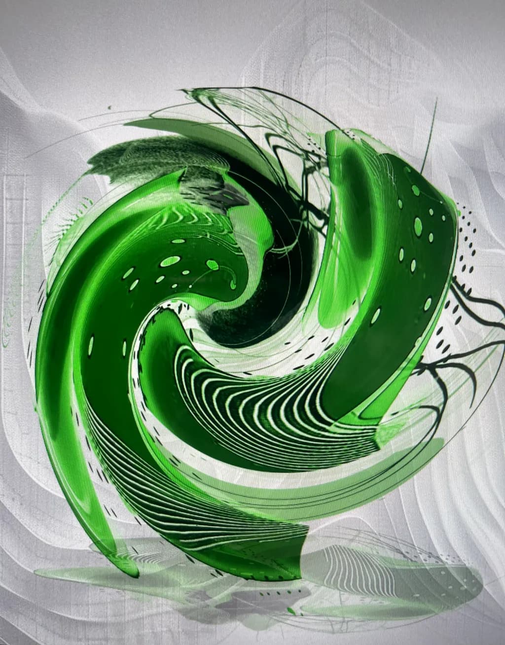 Whirlwind of Green: A Dance of Abstract Forms and Fluid Motion
