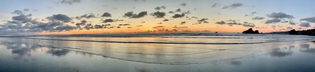 Serene Sunset Reflections: A Panoramic Beach Escape