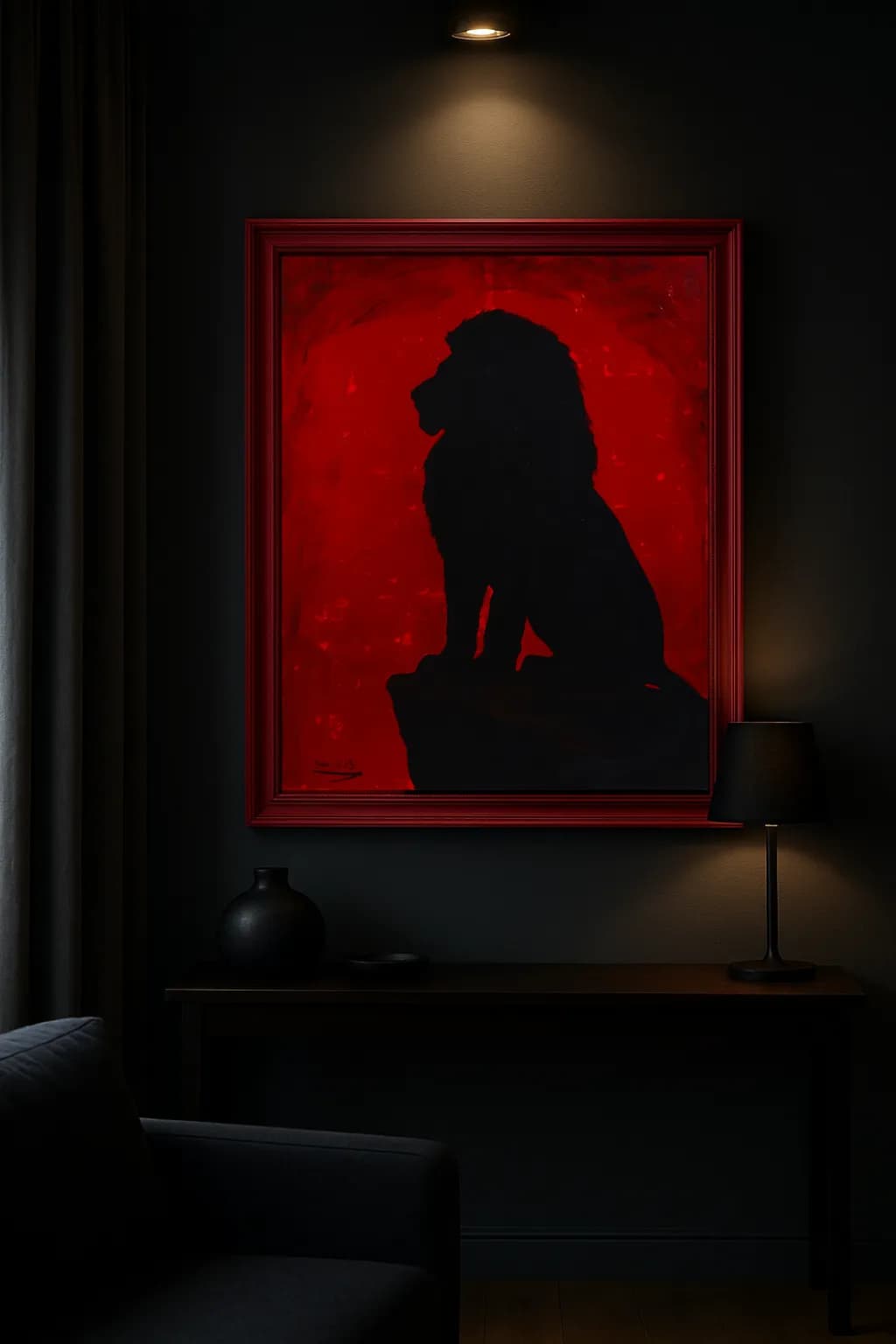 Majestic Silence: A Lion's Silhouette in Fiery Red Elegance