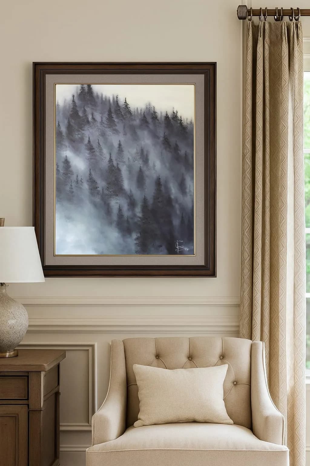 Whispers of the Mist: A Serene Forest Landscape in Monochrome Hues
