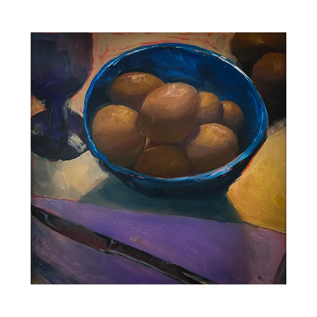 Vibrant Harmony: A Still Life of Eggs in a Blue Bowl