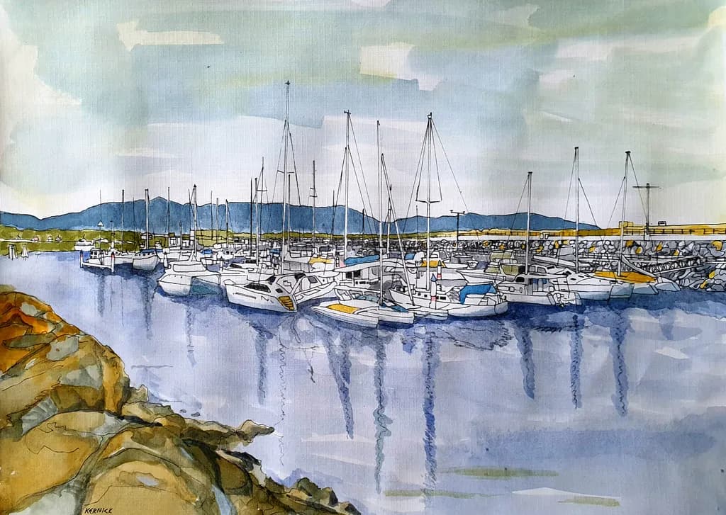 "Reflections of Serenity: A Watercolour Journey Through Coffs Harbour Marina"