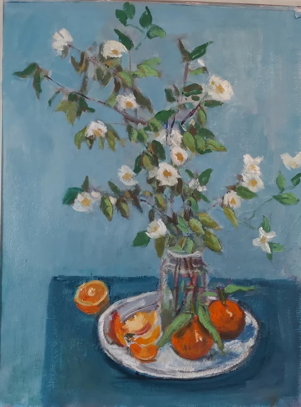 Blossoms and Citrus: A Serene Still Life in Blue Hues
