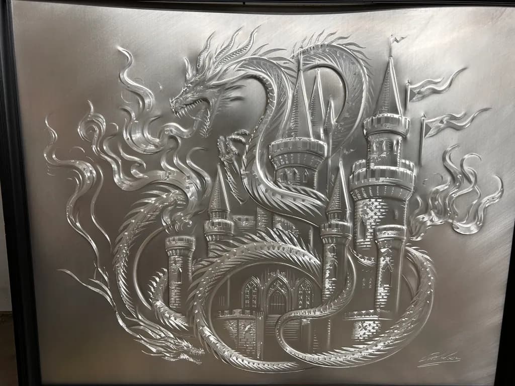 Majestic Dragon's Embrace: A Silver Castle Sculpture of Mythical Wonder