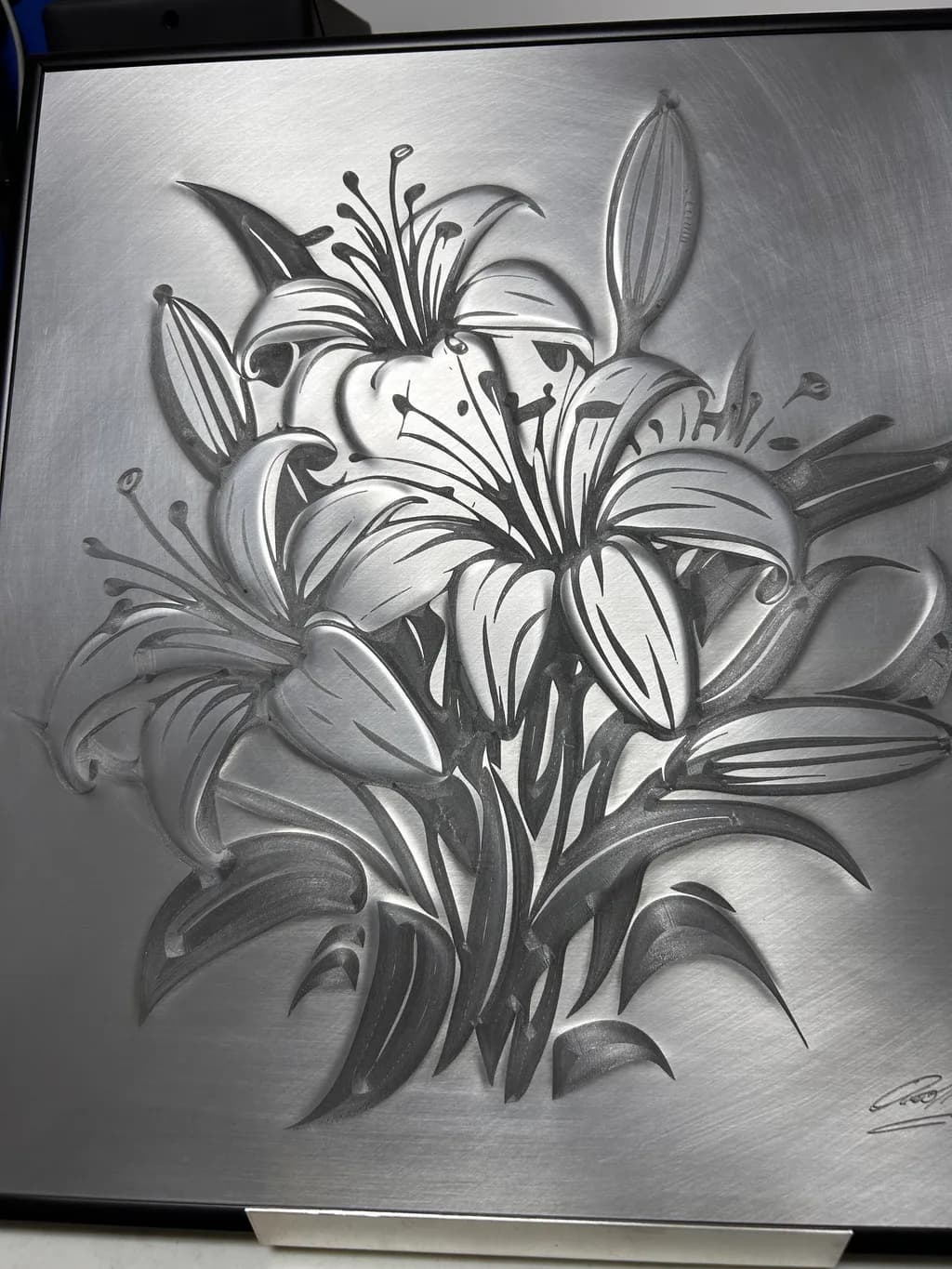 Elegant Silver Lily Blossom Relief Art: A Stunning Metal Floral Sculpture for Home Decor