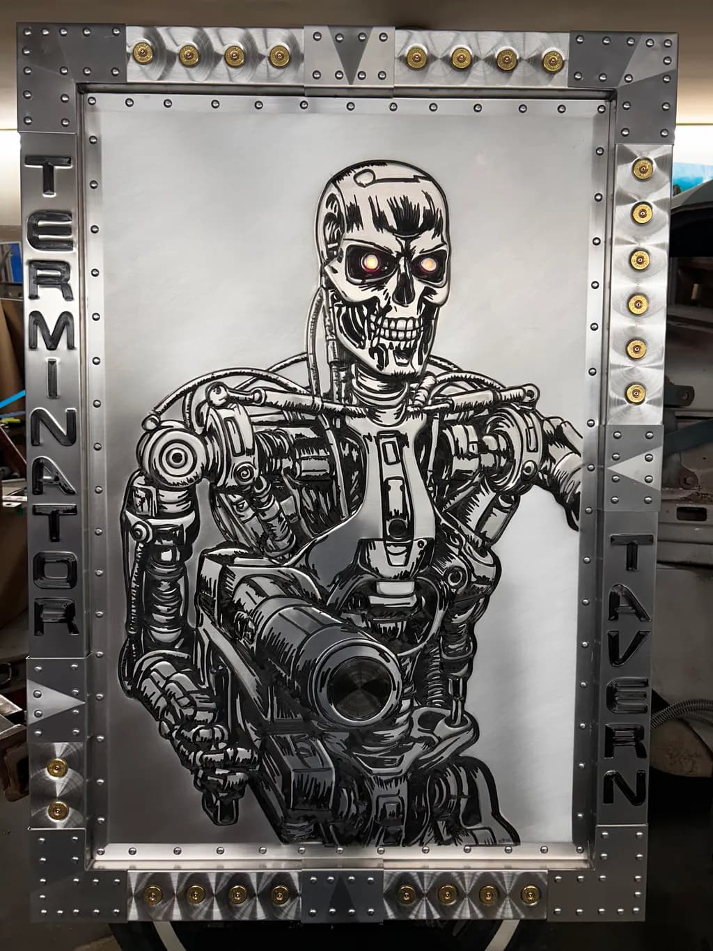 Cybernetic Guardian: The Terminator Tavern Sign in Metal Artistry
