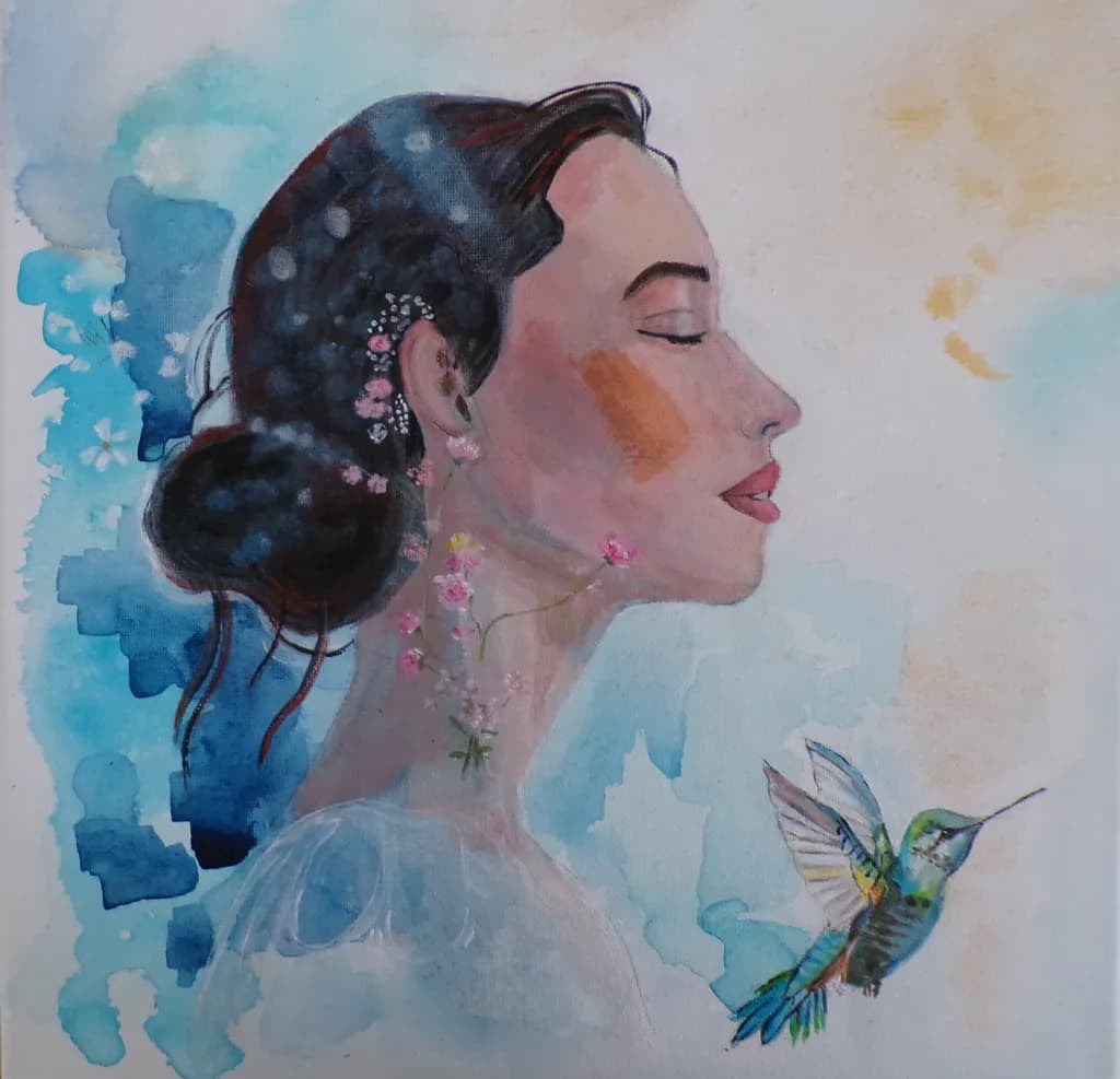 Whispers of Nature: A Serene Watercolor Portrait of a Woman and Hummingbird