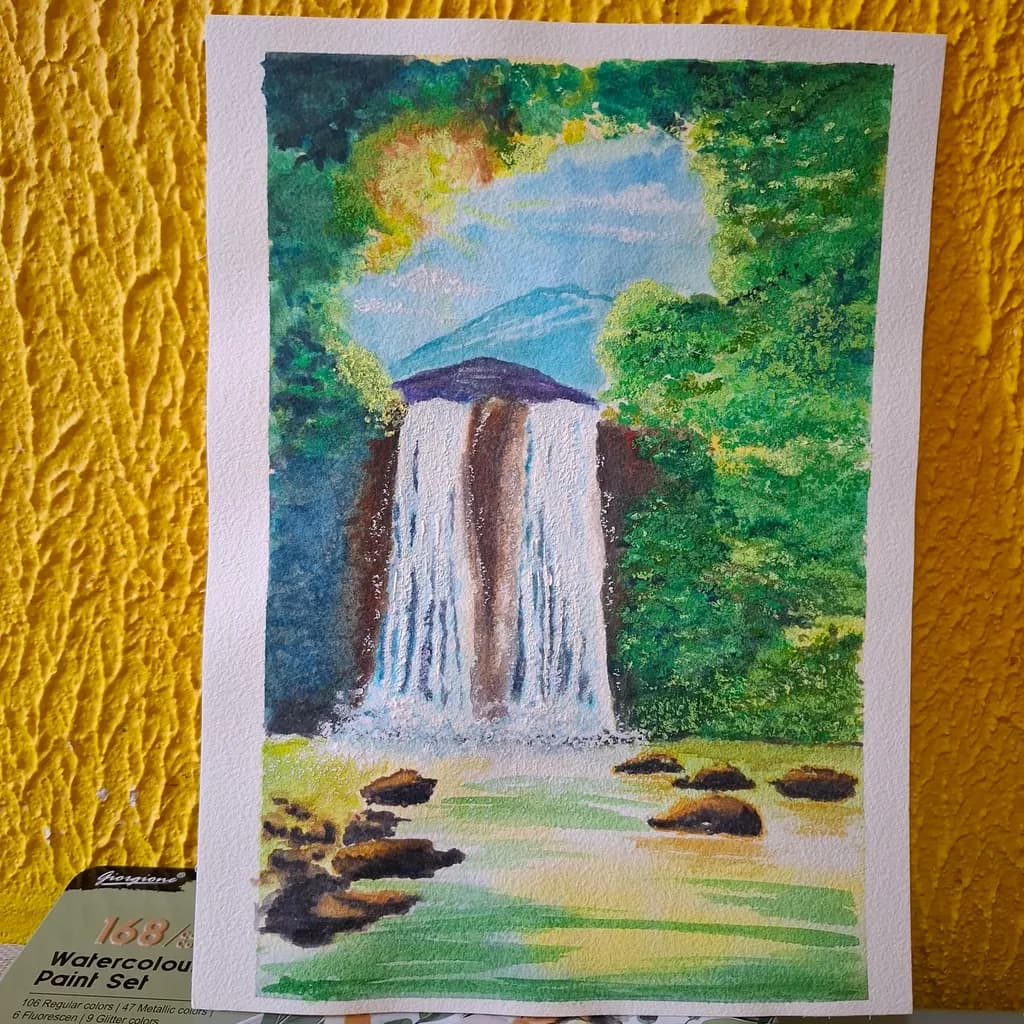 Whispers of Nature: A Serene Waterfall in Watercolor Harmony