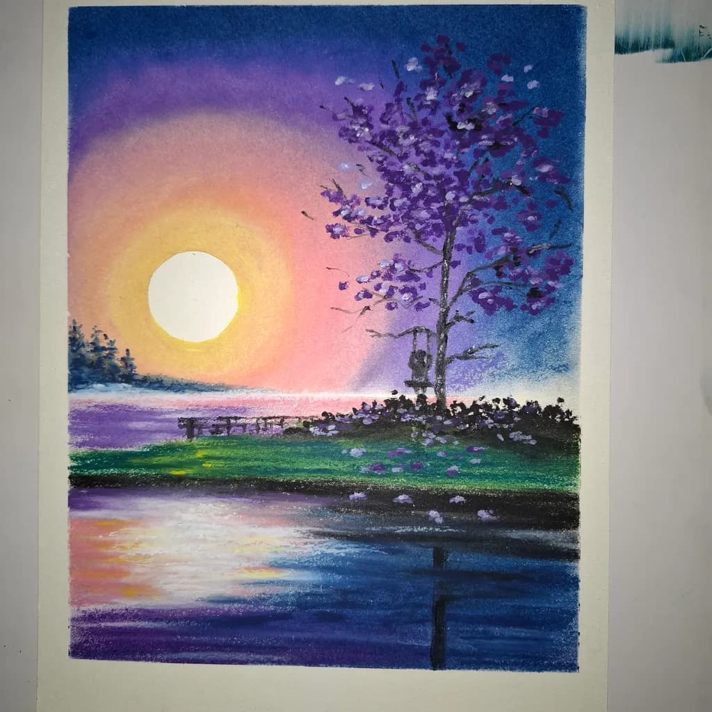 Whispers of Twilight: A Serene Sunset Reflection with Blossoming Tree and Tranquil Waters