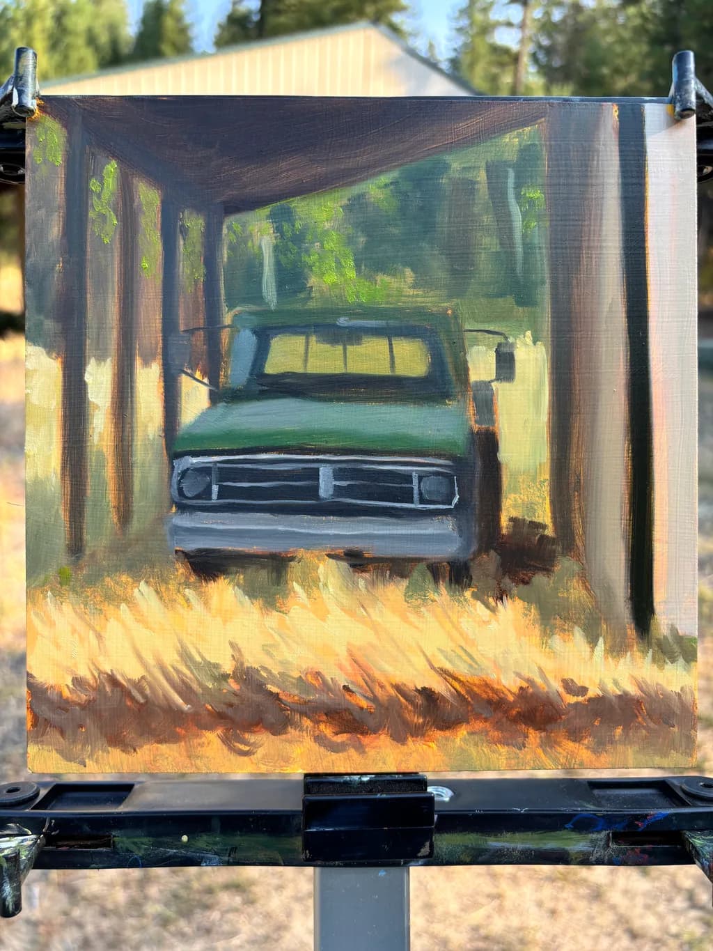Rustic Reverie: A Green Truck's Solitude in the Golden Light of Autumn