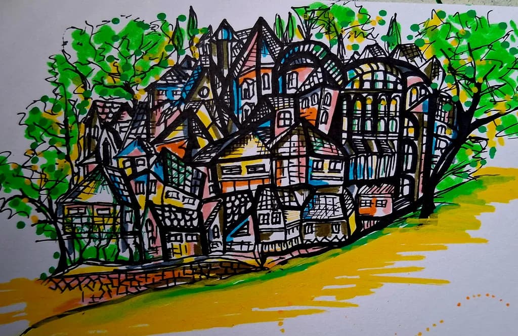 Whimsical Village: A Colorful Tapestry of Homes Amidst Lush Greenery