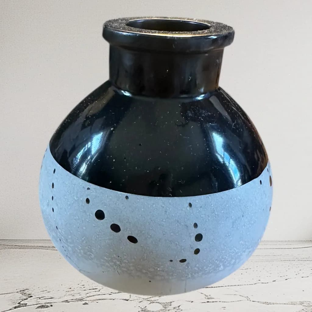 Celestial Harmony: A Handcrafted Black and Blue Ceramic Vase with Unique Texture and Design