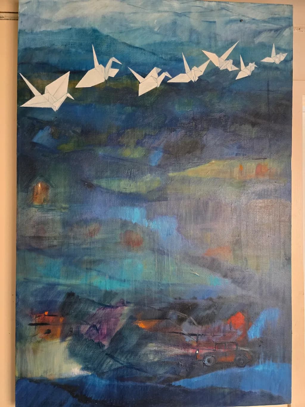 Origami Birds Over Townscape