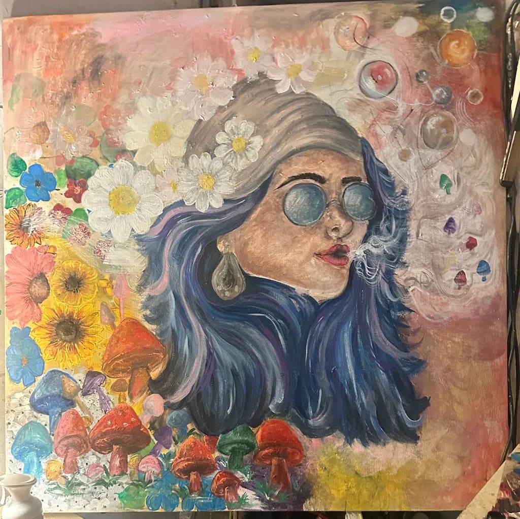 Whimsical Reverie: A Dreamy Portrait of Nature and Self-Expression Amidst Colorful Mushrooms and Blossoms