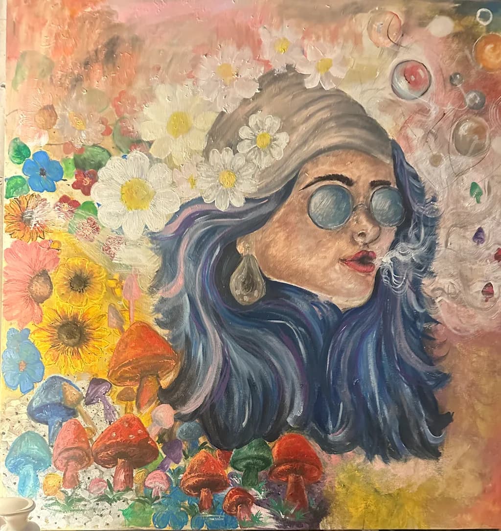 Whimsical Portrait of a Flower Crowned Dreamer Amidst Colorful Mushrooms and Smoke