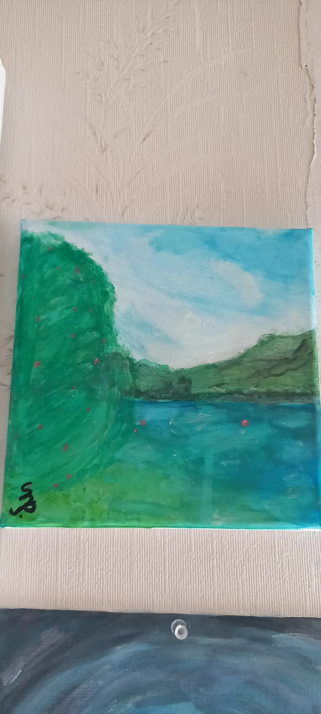 Serenity by the Water: A Tranquil Landscape in Vibrant Greens and Blues