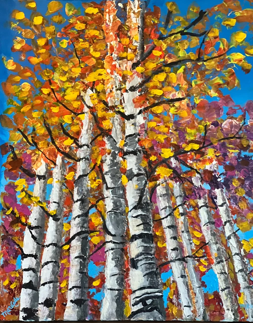Whispers of Autumn: A Vibrant Dance of Birch Trees Under a Blue Sky