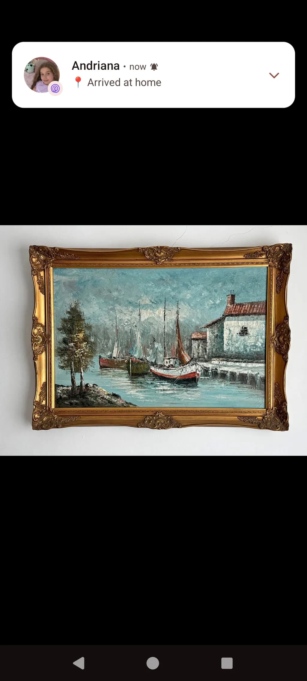 Serene Harbor: A Tranquil Maritime Landscape in Elegant Gold Frame