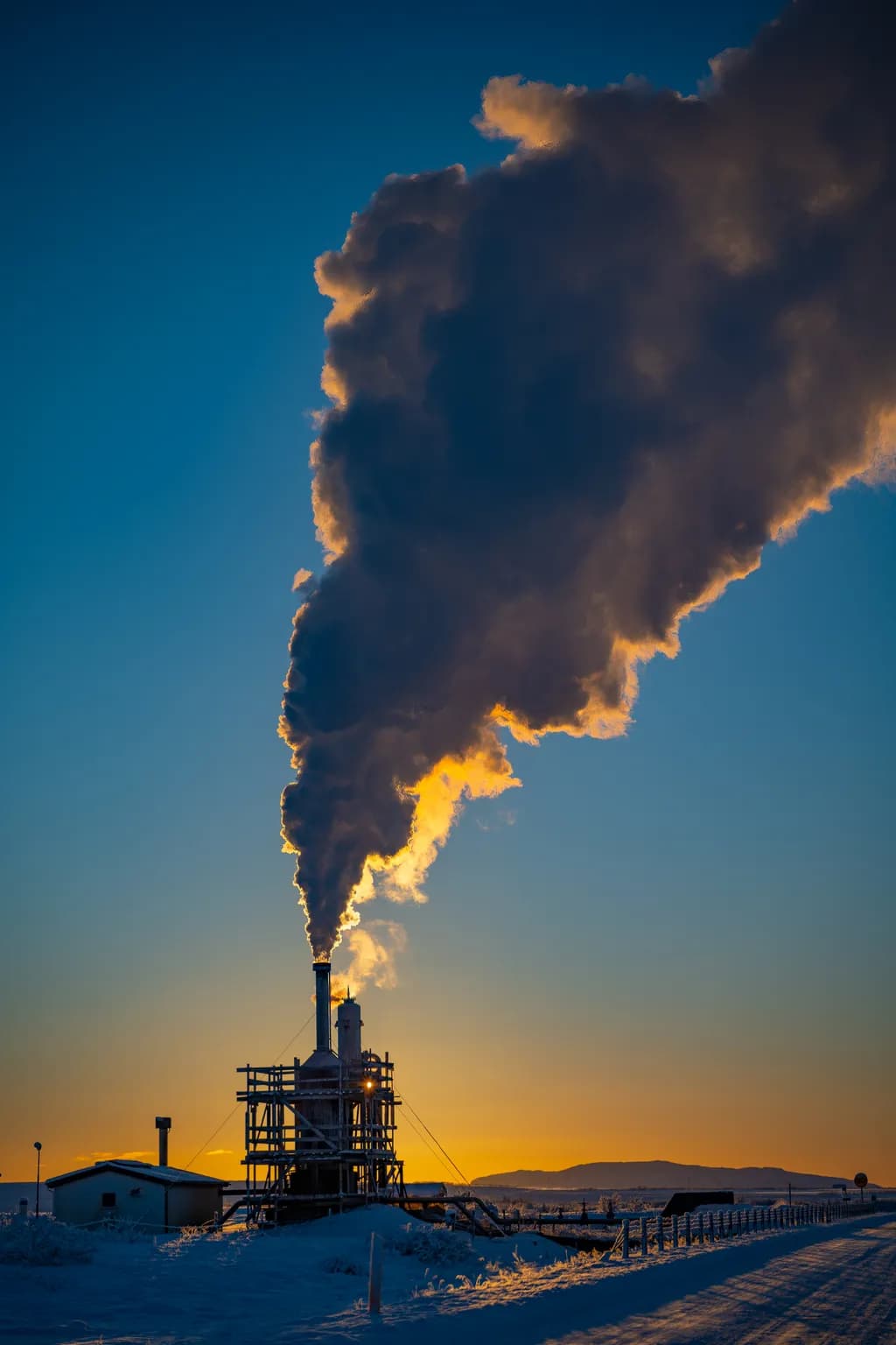 Whispers of Industry: A Winter's Dawn Embraced by Smoke and Light