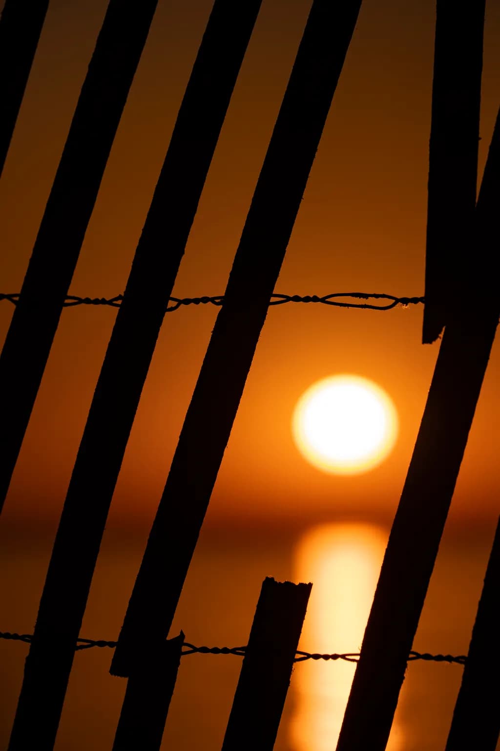 Serenity in Silhouette: A Captivating Sunset Reflection Behind Barriers