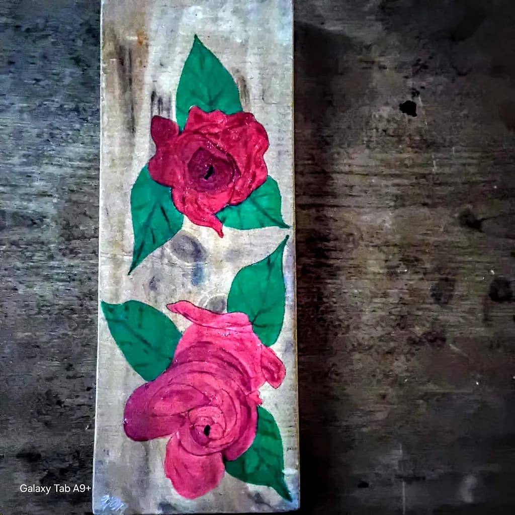 Whispers of Nature: Hand-Painted Roses on Rustic Wood Canvas