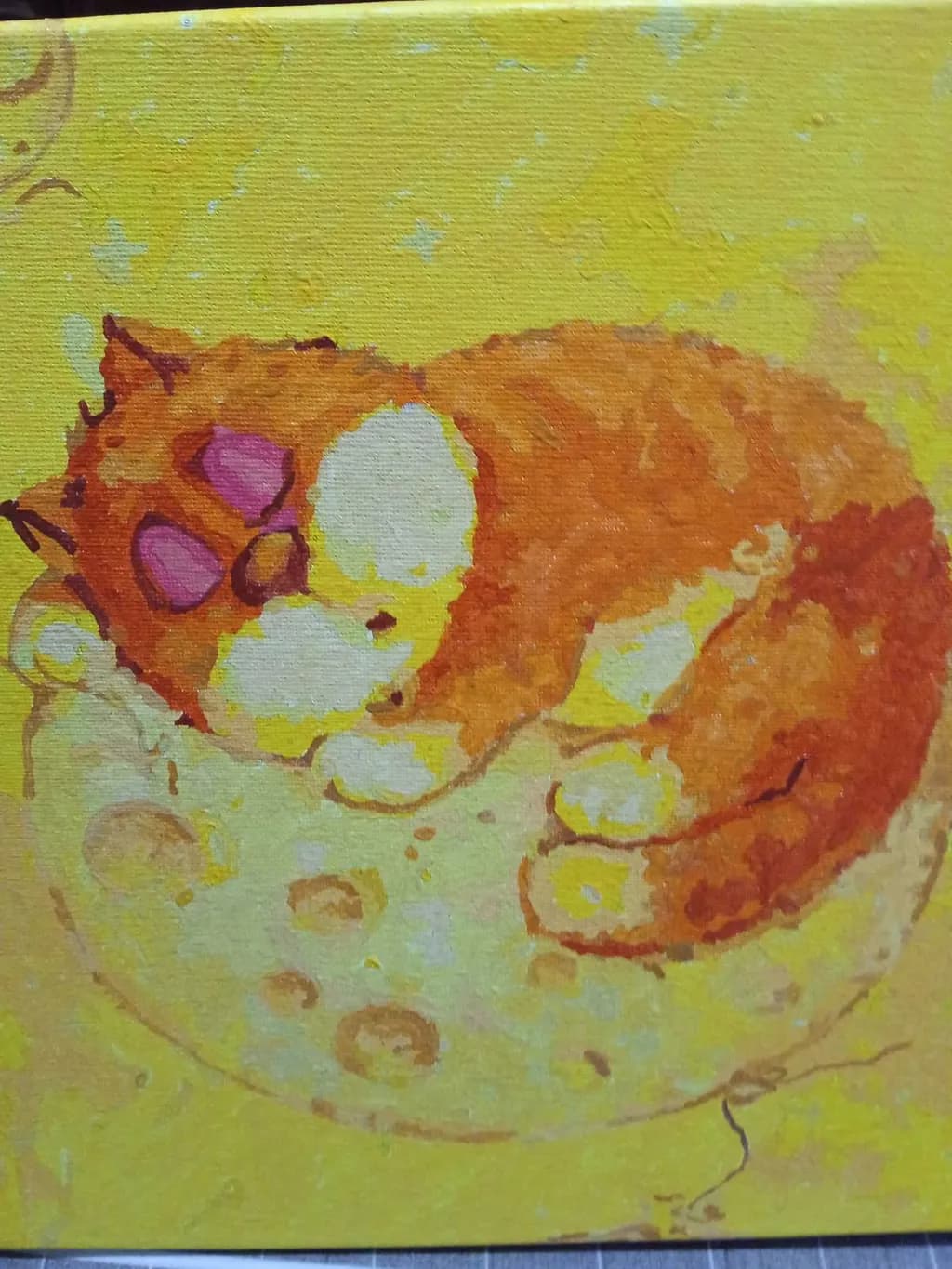 Whimsical Dreams: A Playful Orange Cat Napping on a Moonlit Cheese Slice