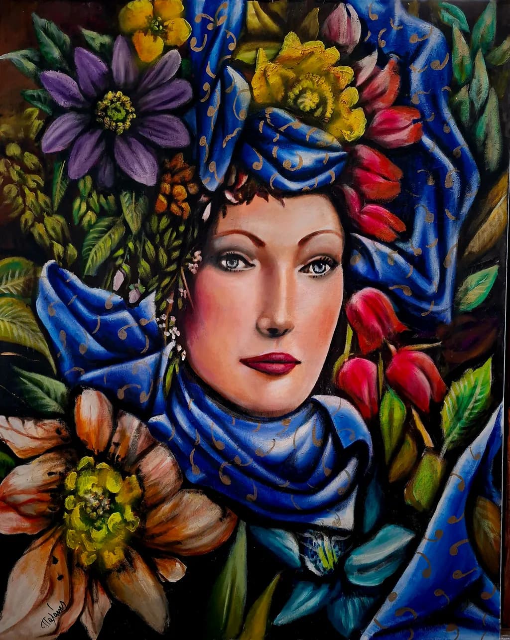 Woman with blue fabric 