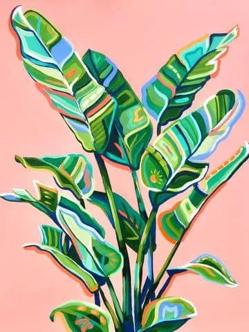 Tropical Harmony: Vibrant Green Leaves Against a Soft Pink Canvas